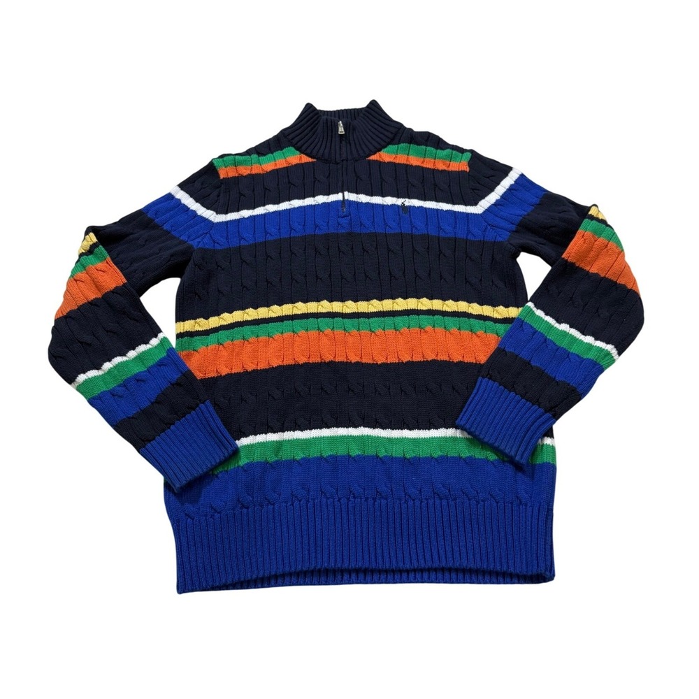 Polo Ralph Lauren Quarter Zip Sweater L 14-16 Navy Blue Multi Striped Cable Knit